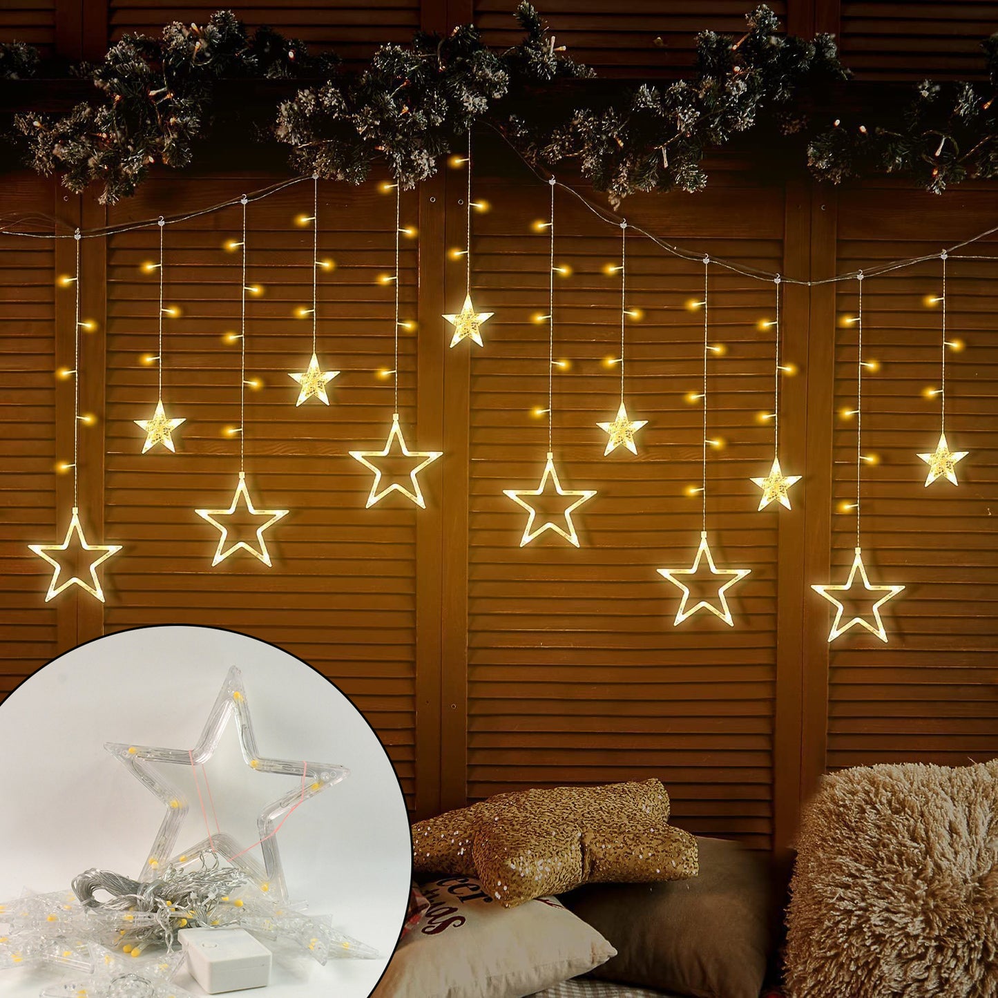 3385 12 Stars Led Curtain String Lights With 8 Flashing Modes For Home Decoration Diwali Wedding Led Christmas Light Indoor And Outdoor Light Festival Decoration (Warm White) Default Title - Anthro Bazaar
