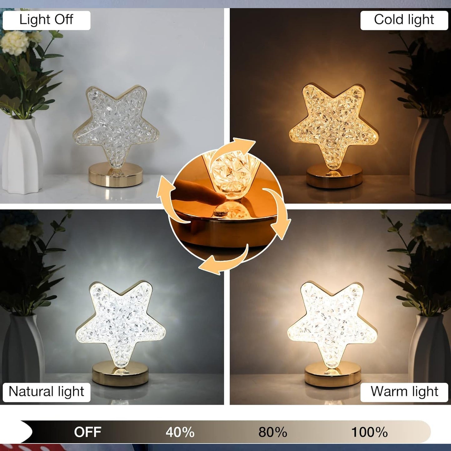 12571 Star Shape Crystal Diamond Lamp Cordless Luxury Lamp With Usb Rechargeable 3-way Dimmable Touch Control Decorative Nightstand Lamp For Bedroom Living Room Party Restaurant Decor (1 Pc ) Default Title - Anthro Bazaar