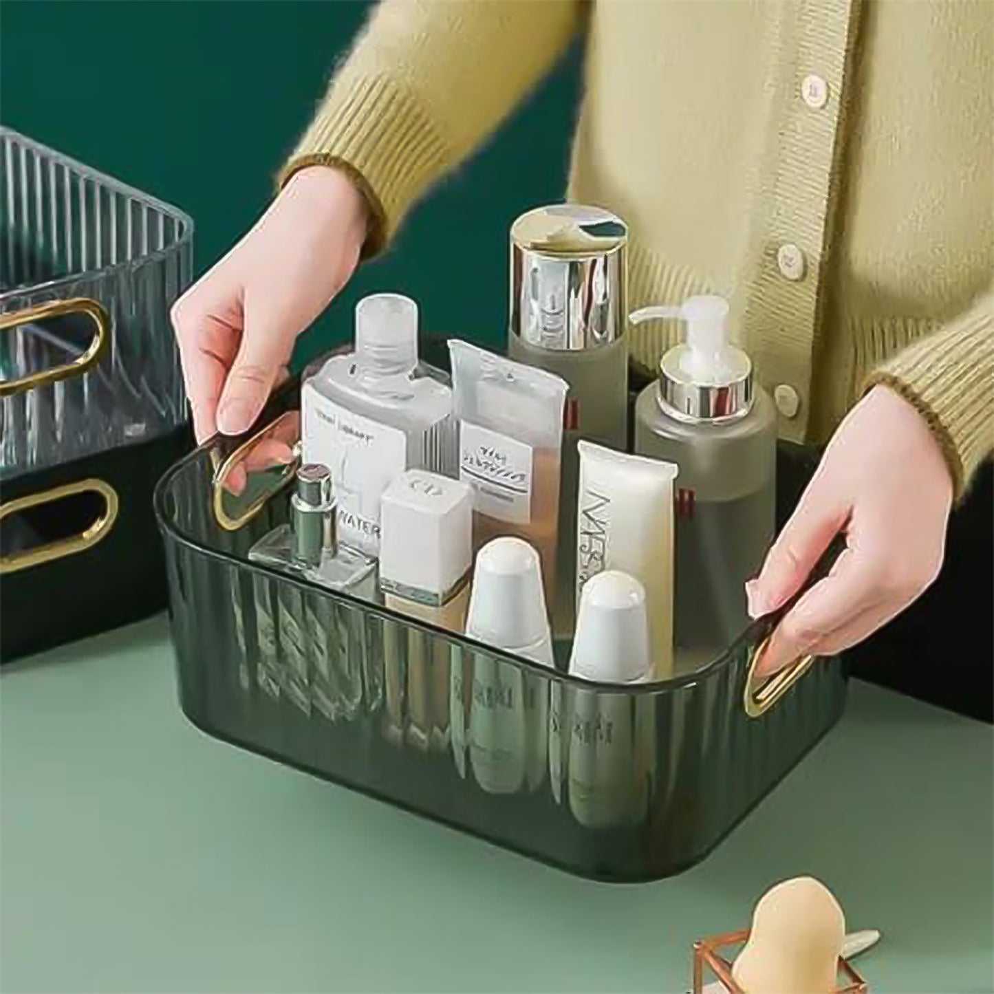 Premium Ribbed Transparent Storage Basket With Gold Handle Multipurpose Kitchen Amp Home Organizer Box Default Title - Anthro Bazaar