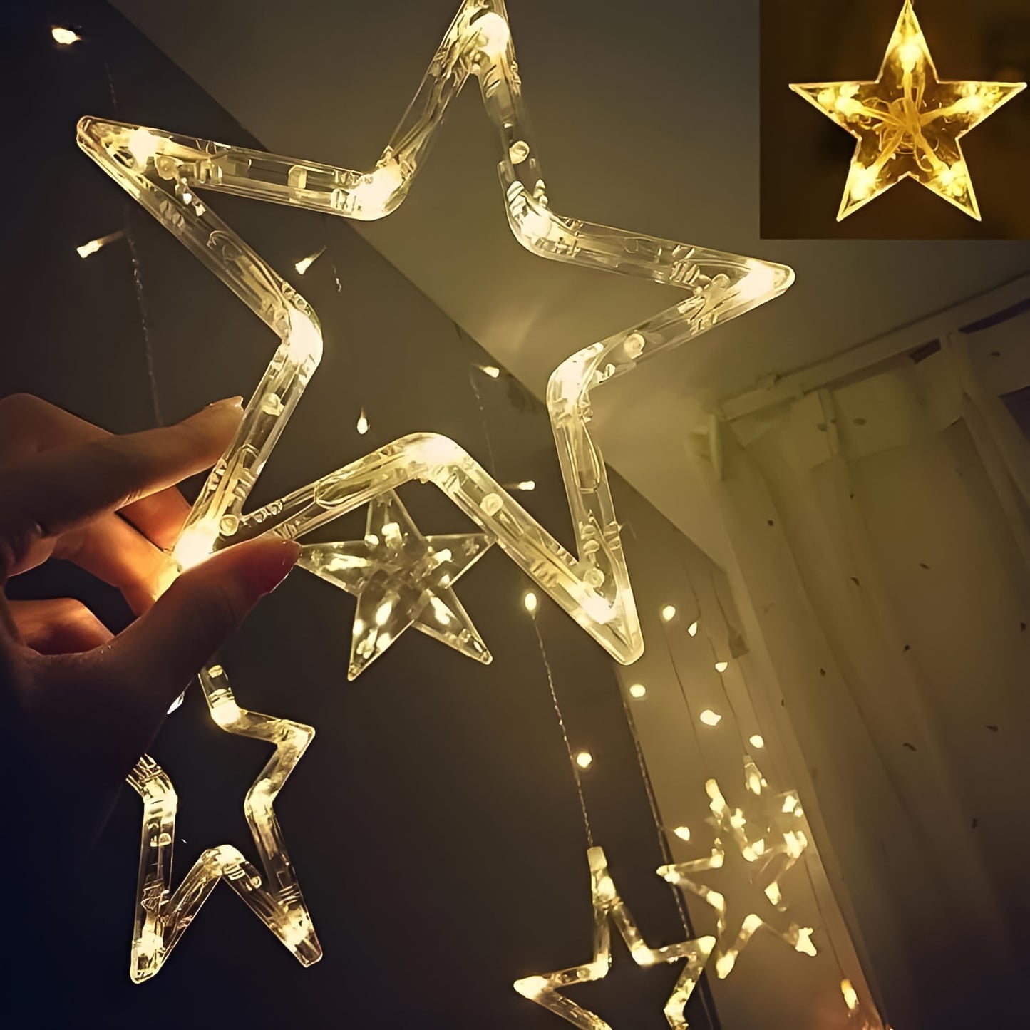 3385 12 Stars Led Curtain String Lights With 8 Flashing Modes For Home Decoration Diwali Wedding Led Christmas Light Indoor And Outdoor Light Festival Decoration (Warm White) Default Title - Anthro Bazaar