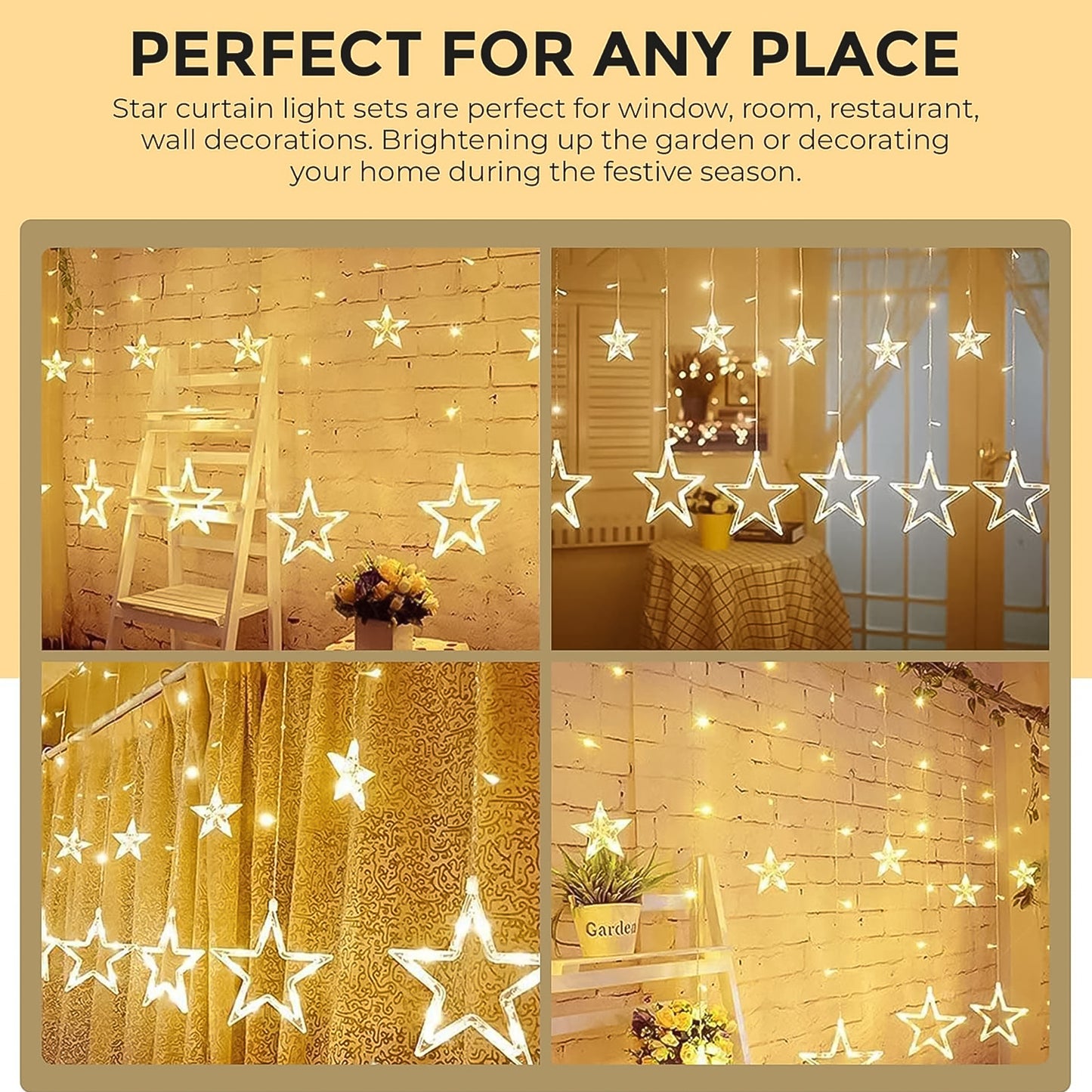 3385 12 Stars Led Curtain String Lights With 8 Flashing Modes For Home Decoration Diwali Wedding Led Christmas Light Indoor And Outdoor Light Festival Decoration (Warm White) Default Title - Anthro Bazaar