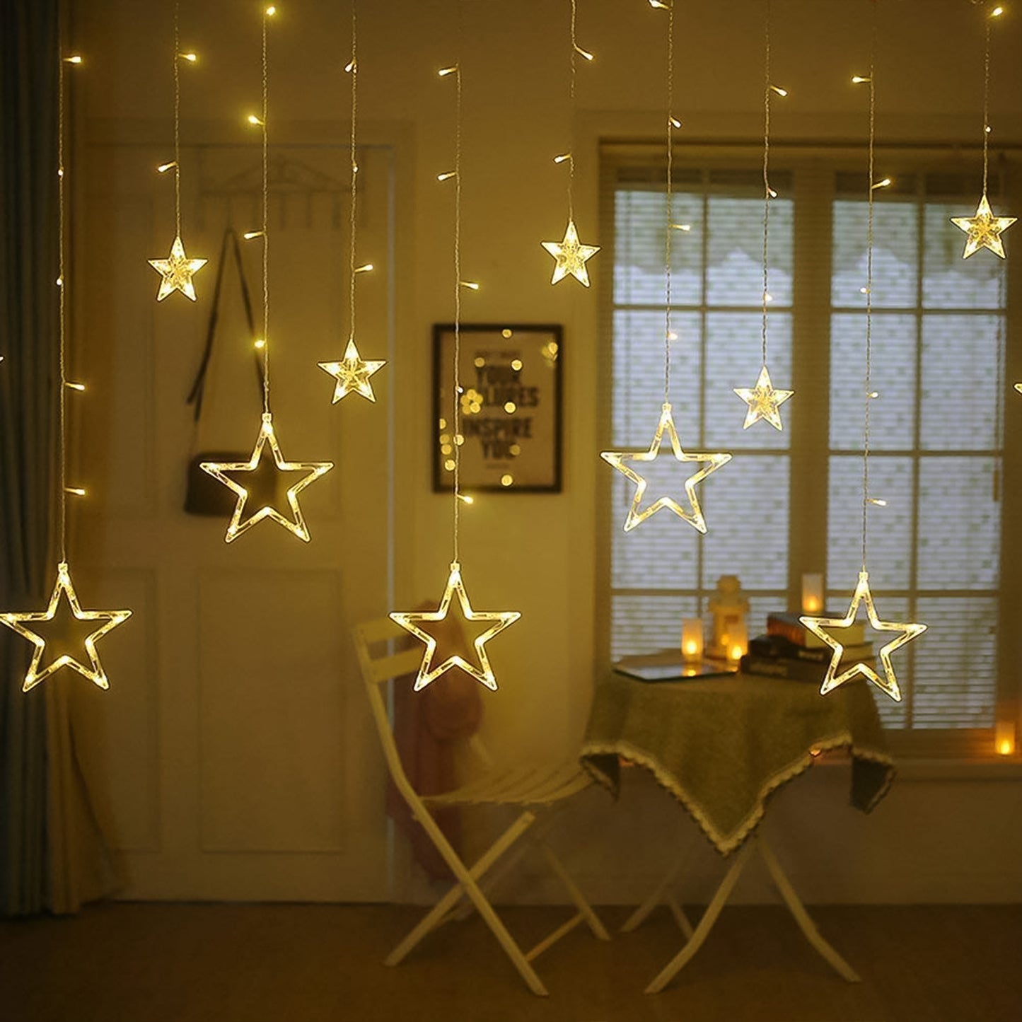 3385 12 Stars Led Curtain String Lights With 8 Flashing Modes For Home Decoration Diwali Wedding Led Christmas Light Indoor And Outdoor Light Festival Decoration (Warm White) Default Title - Anthro Bazaar