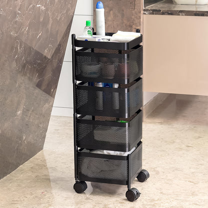 4-Layer Metal Square Kitchen Trolley with Wheels – Rotating Storage Rack