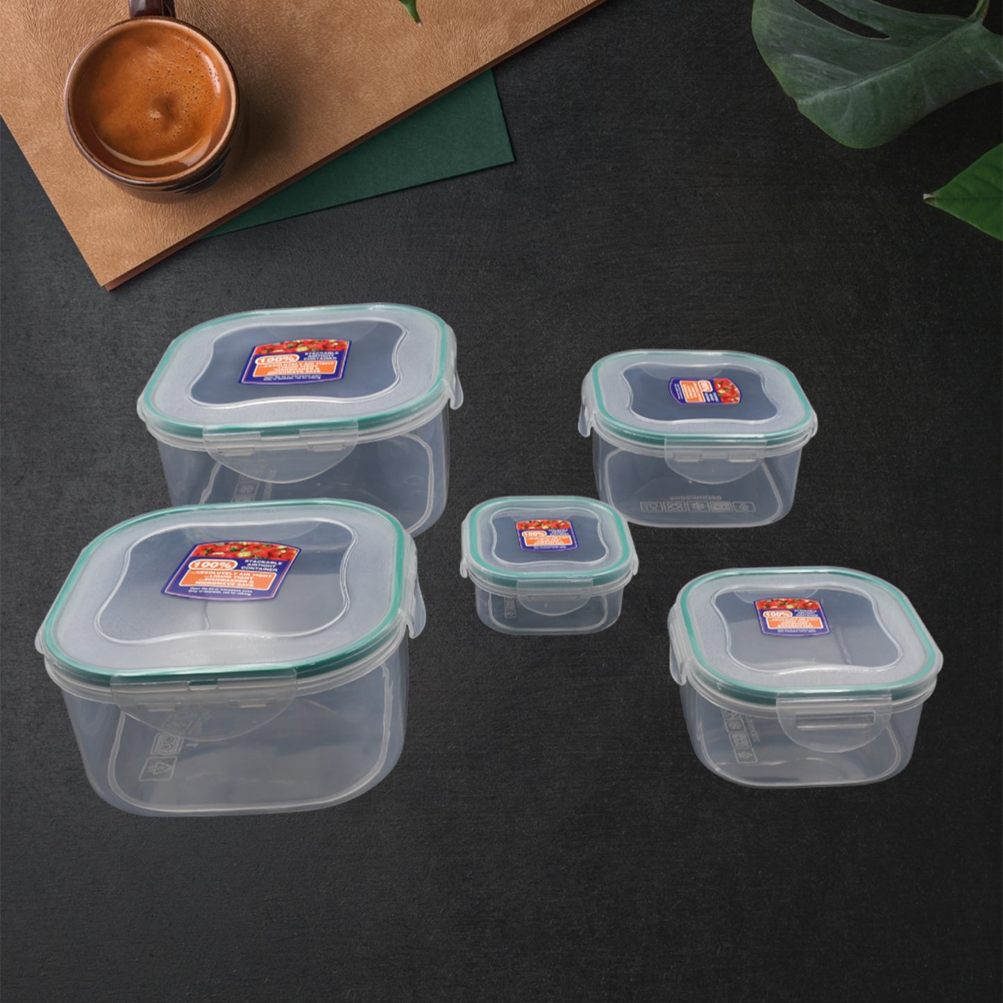 Kitchen Containers Set 5 Pcs | Snap-Seal Plastic Food Storage Boxes for Fridge, Freezer & Pantry