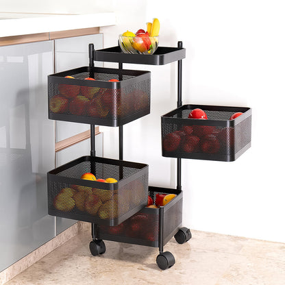 4-Layer Metal Square Kitchen Trolley with Wheels – Rotating Storage Rack