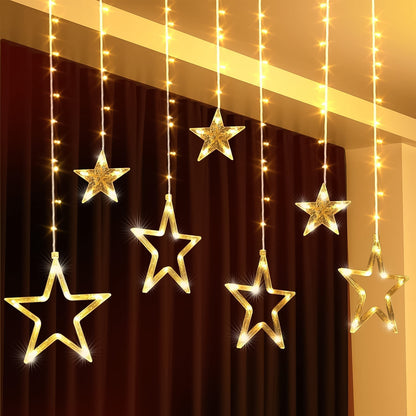 3385 12 Stars Led Curtain String Lights With 8 Flashing Modes For Home Decoration Diwali Wedding Led Christmas Light Indoor And Outdoor Light Festival Decoration (Warm White) Default Title - Anthro Bazaar
