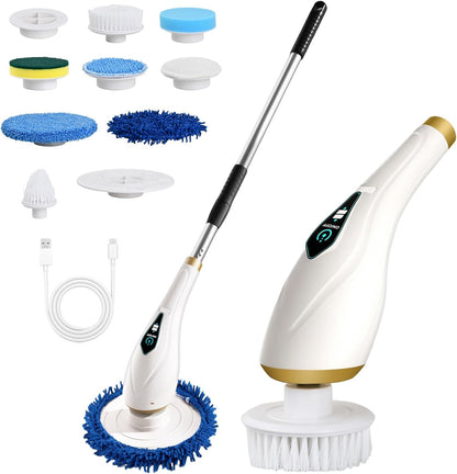 Cordless Rechargeable Power Scrubber with 8 Brush Heads & Adjustable Extension Handle