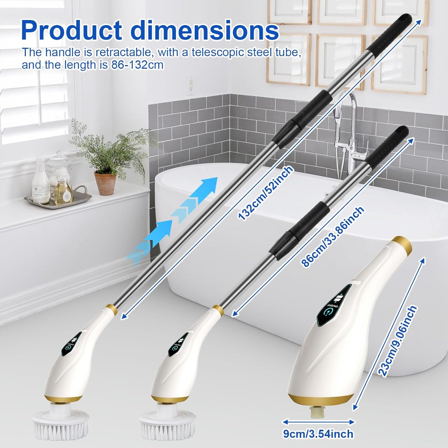 Cordless Rechargeable Power Scrubber with 8 Brush Heads & Adjustable Extension Handle