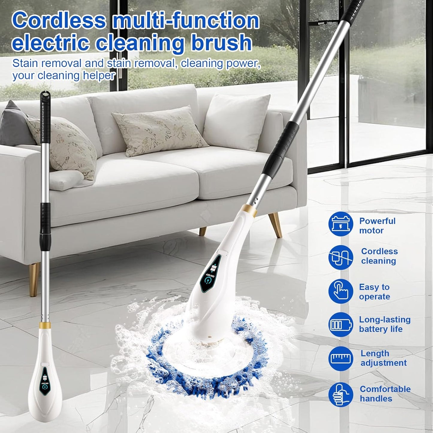 Cordless Rechargeable Power Scrubber with 8 Brush Heads & Adjustable Extension Handle