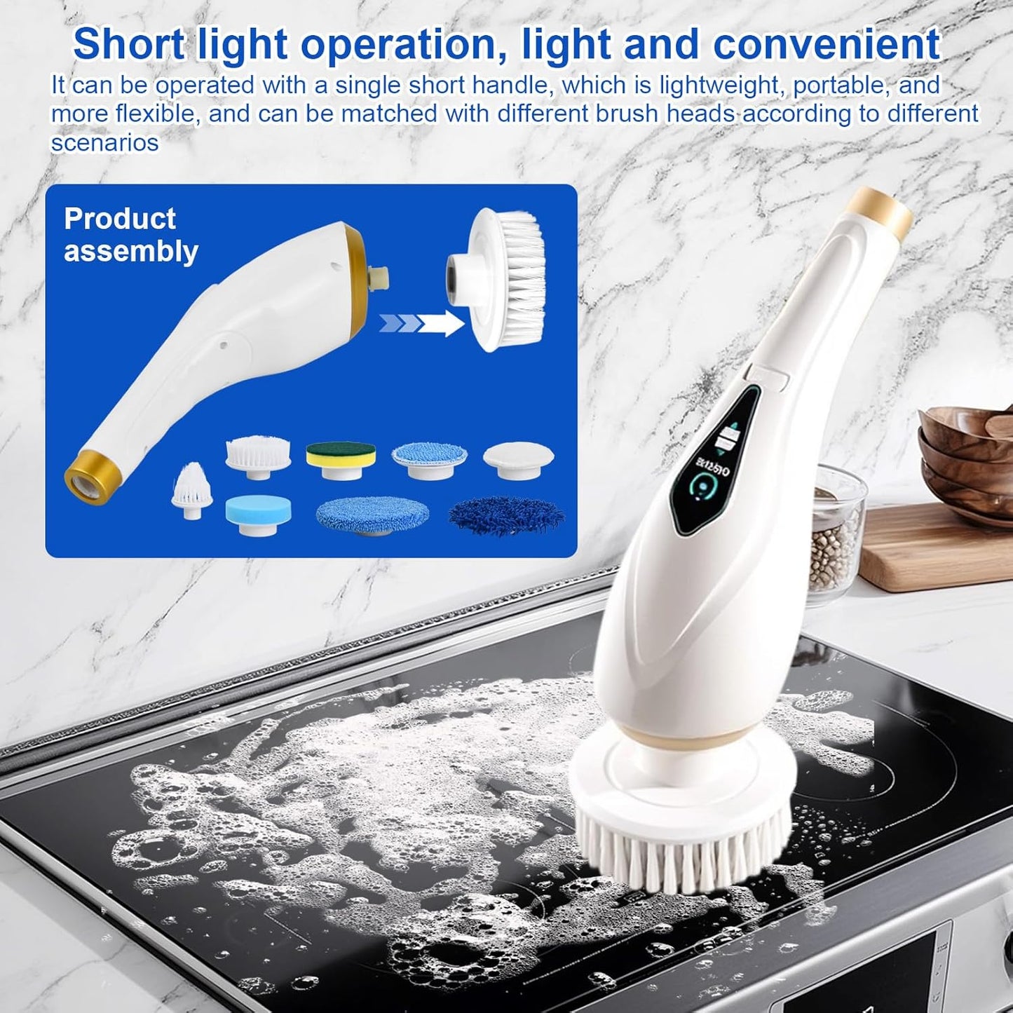 Cordless Rechargeable Power Scrubber with 8 Brush Heads & Adjustable Extension Handle