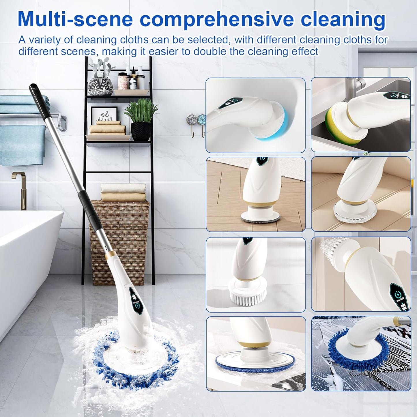 Cordless Rechargeable Power Scrubber with 8 Brush Heads & Adjustable Extension Handle