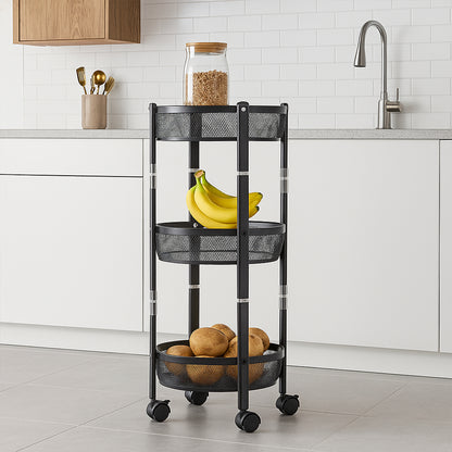 3-layer Round Metal Mesh Utility Storage Trolley With Wheels