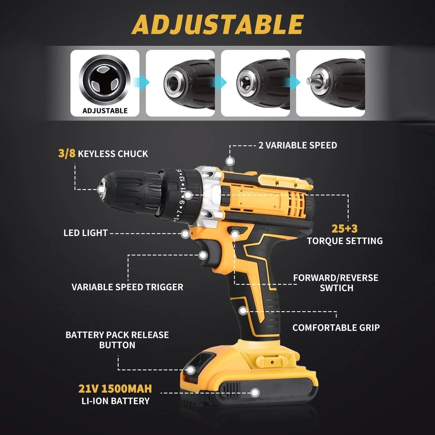 Cordless Drill Set (29 attachments + 2 Piece - 21 V Lithium Battery)