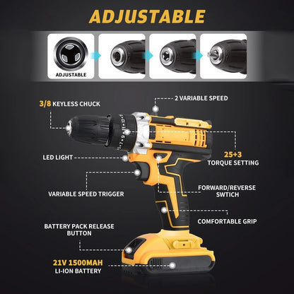 Cordless Drill Set (29 attachments + 2 Piece - 21 V Lithium Battery)