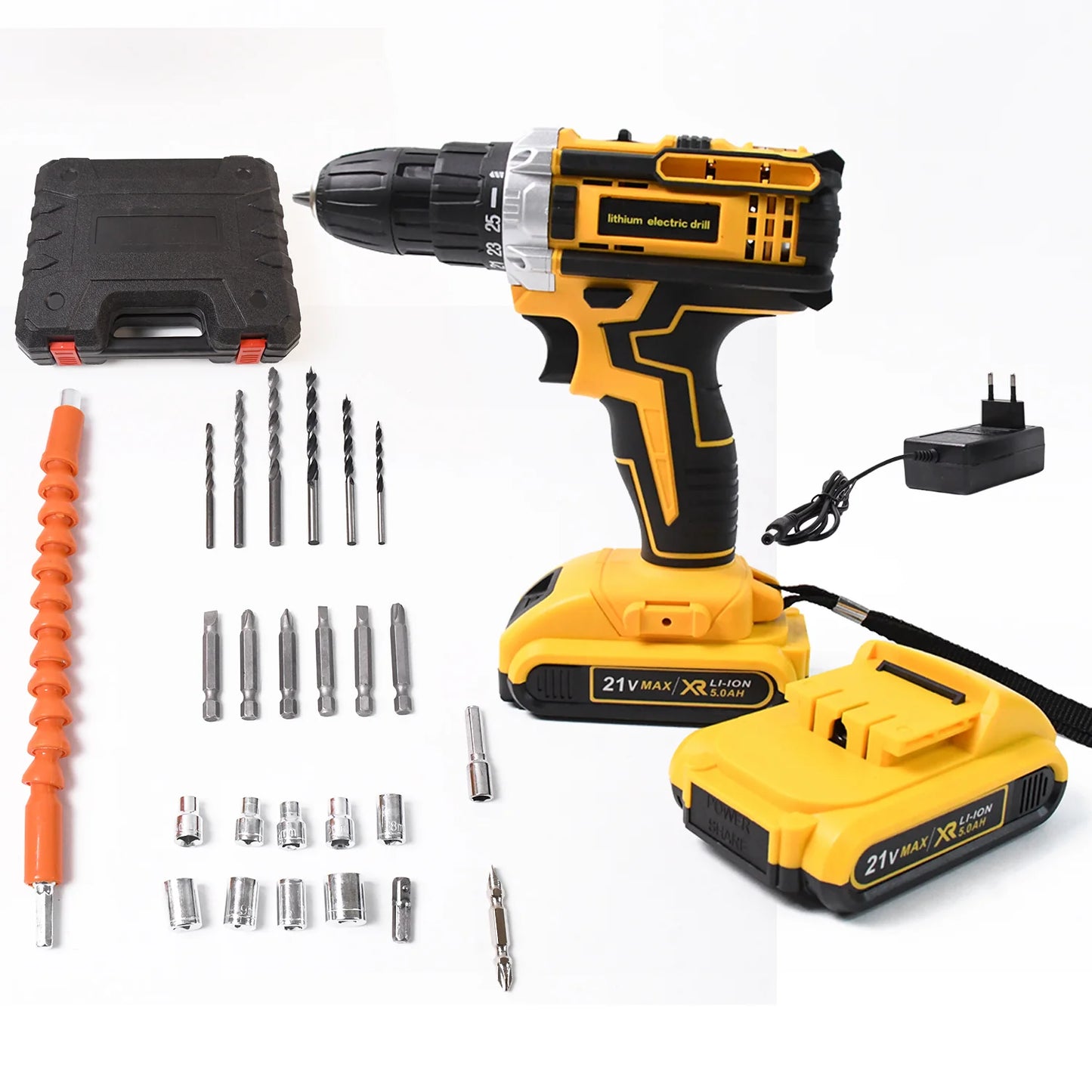 Cordless Drill Set (29 attachments + 2 Piece - 21 V Lithium Battery)