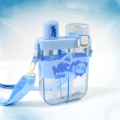 2-in-1 Dual Compartment Kids Water Bottle – Two-Way Drinking Bottle with Straws & Adjustable Shoulder Strap (650ML)