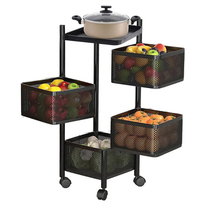 4-Layer Metal Square Kitchen Trolley with Wheels – Rotating Storage Rack