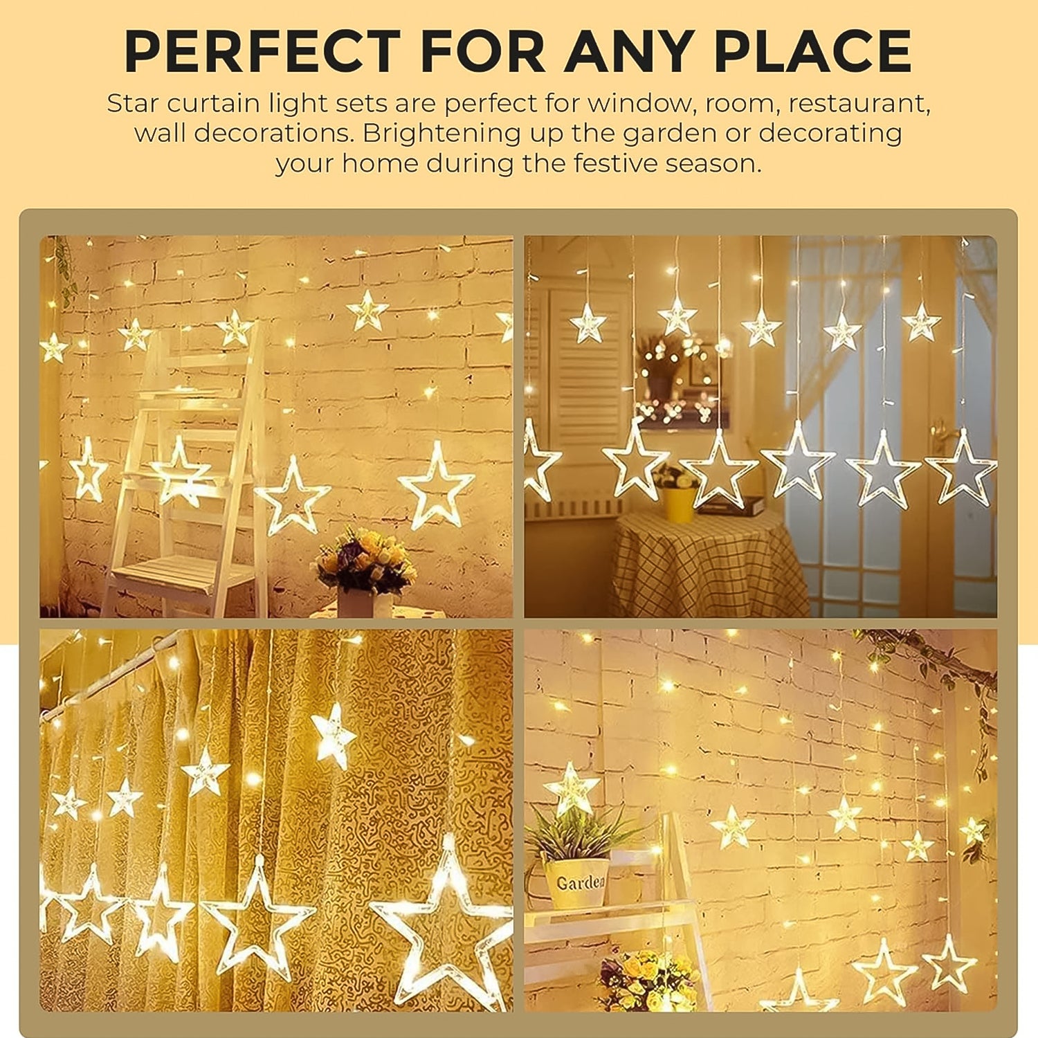 3385 12 Stars Led Curtain String Lights With 8 Flashing Modes For Home Decoration Diwali Wedding Led Christmas Light Indoor And Outdoor Light Festival Decoration (Warm White) Default Title - Anthro Bazaar