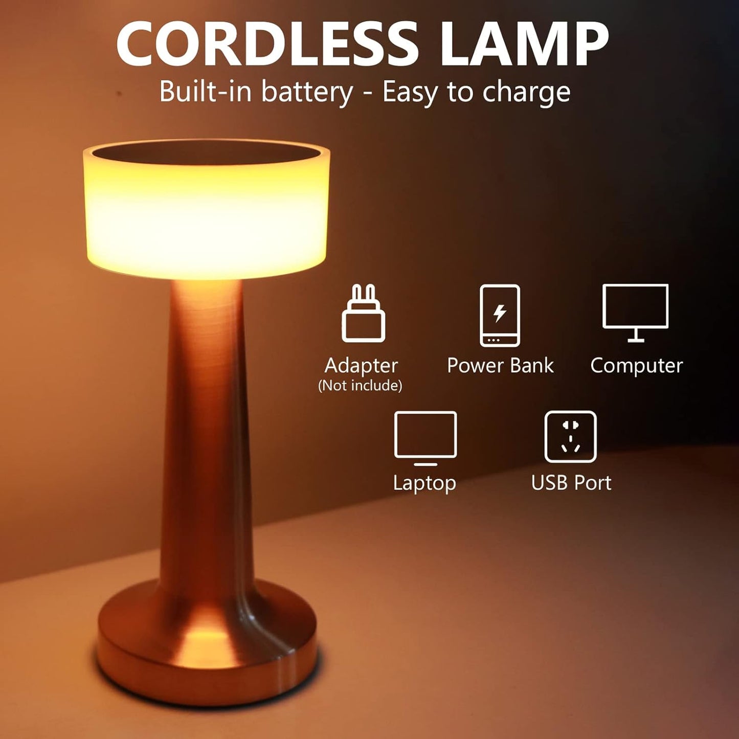 LED Touch Control Lamp – Portable Rechargeable [Brass Metal texture]
