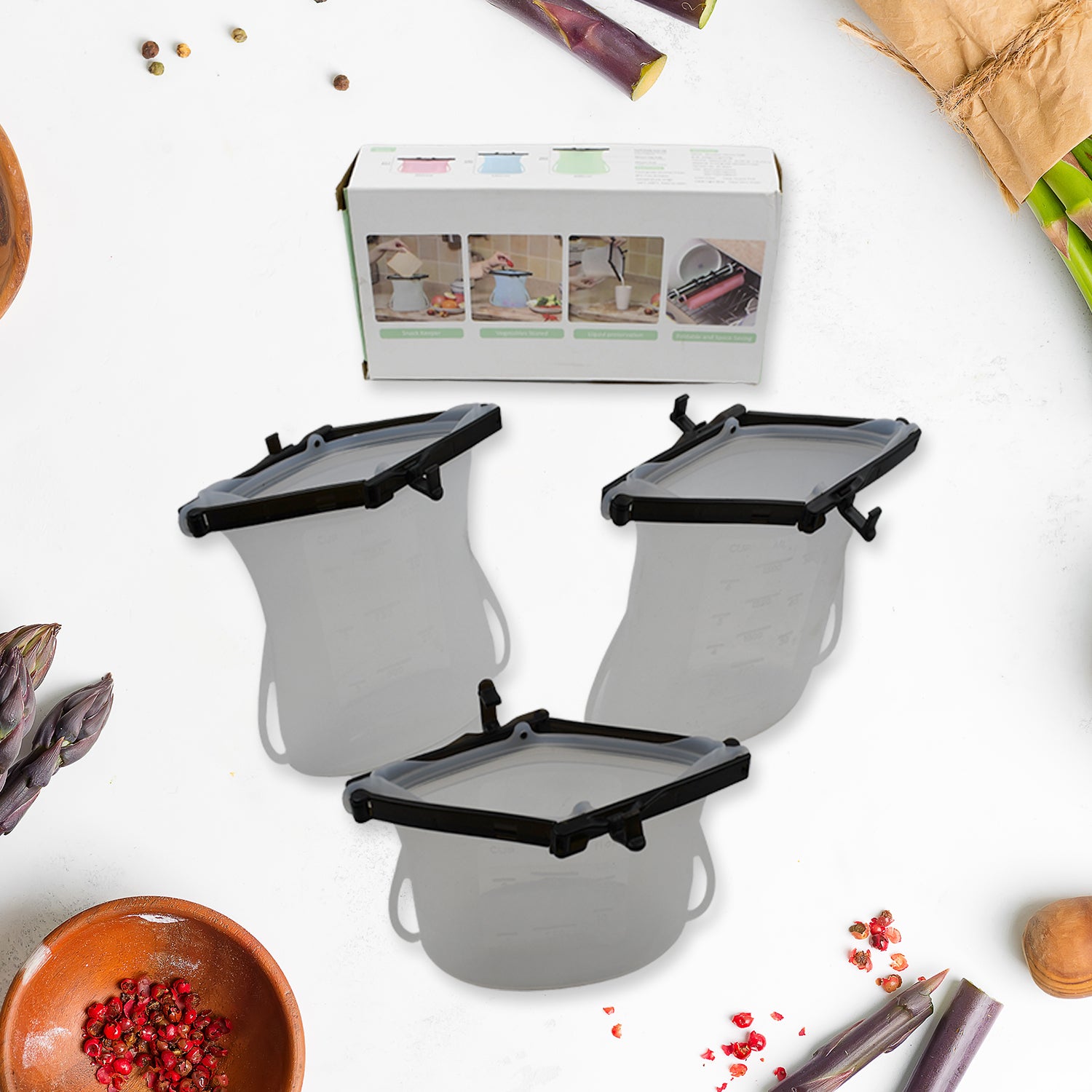 5985 Reusable Silicone Food Storage Bag 3 Bag Set Leakproof Lock Reusable Flat Bottom Freezer Bags Sandwich Bags Silicone Food Grade Kids Snack Bags Bpa Free Microwave Dishwasher Safe Default Title - Anthro Bazaar