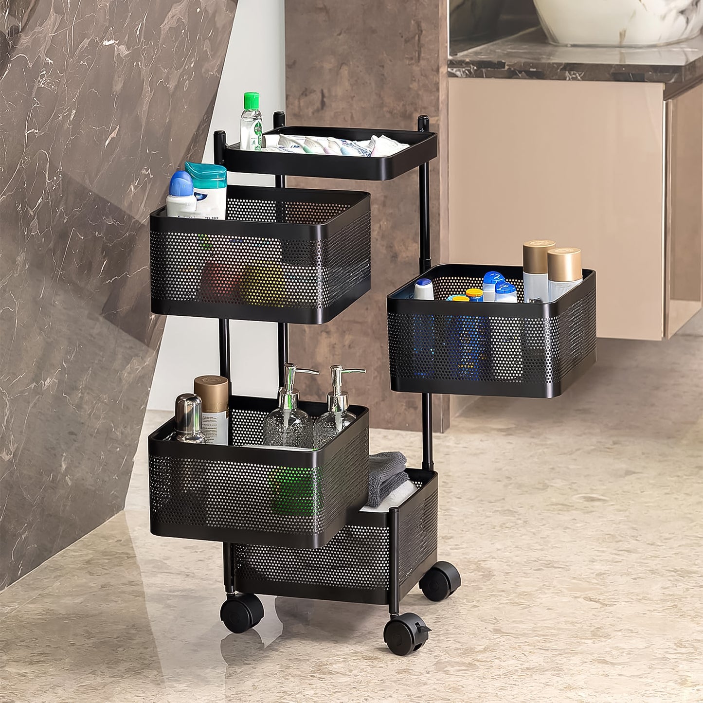 4-Layer Metal Square Kitchen Trolley with Wheels – Rotating Storage Rack