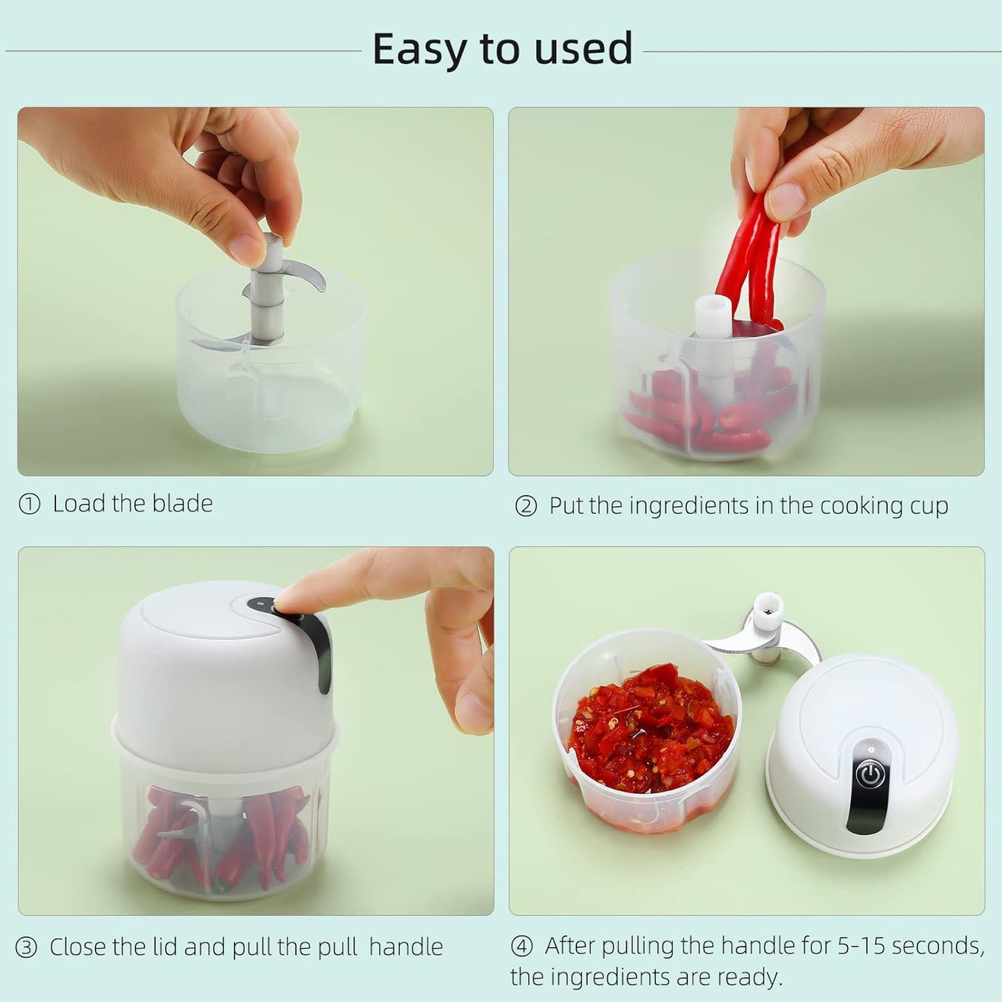 Portable 250ML Food Processor for Garlic, Ginger, Onion, Meat &amp; Vegetables (3-Blade Stainless Steel)