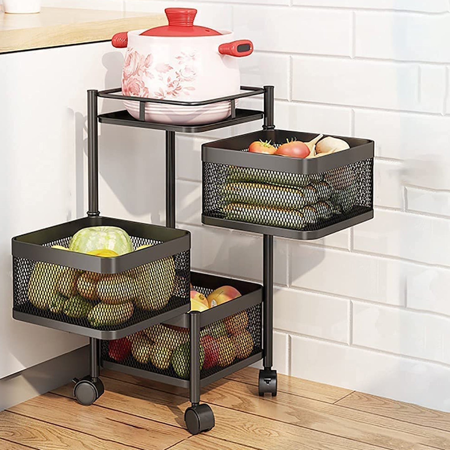 3-Layer Metal Kitchen Trolley with Wheels – Square Storage Rack