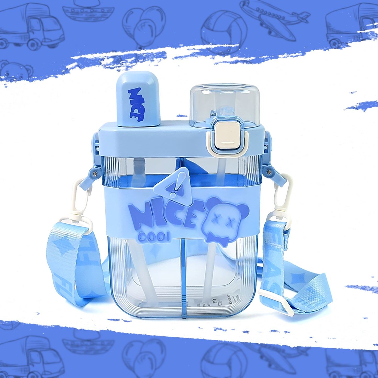 2-in-1 Dual Compartment Kids Water Bottle – Two-Way Drinking Bottle with Straws & Adjustable Shoulder Strap (650ML)