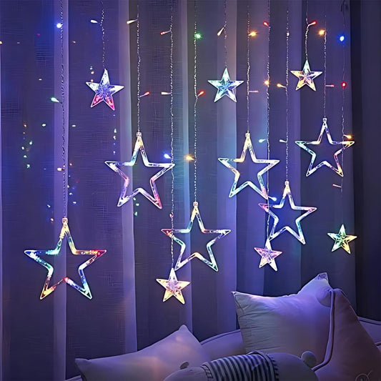 3386 12 Stars Led Curtain String Lights With 8 Flashing Modes For Home Decoration Diwali Wedding Led Christmas Light Indoor And Outdoor Light Festival Decoration (Multicolor) Default Title - Anthro Bazaar