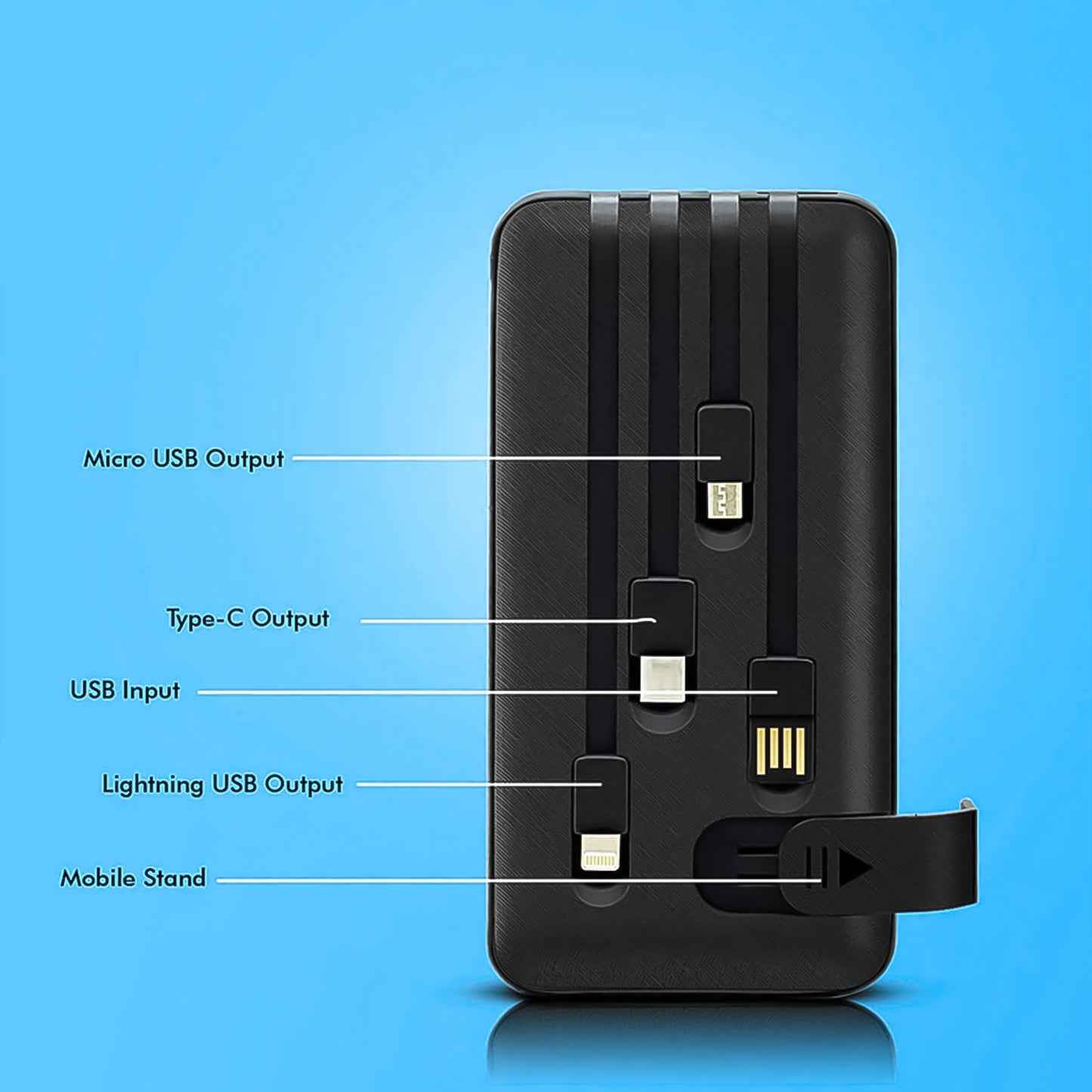 Fast Charging Power Bank With Built 4 In 1 Usb With Mobile Holder