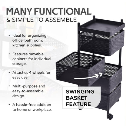 4-Layer Metal Square Kitchen Trolley with Wheels – Rotating Storage Rack
