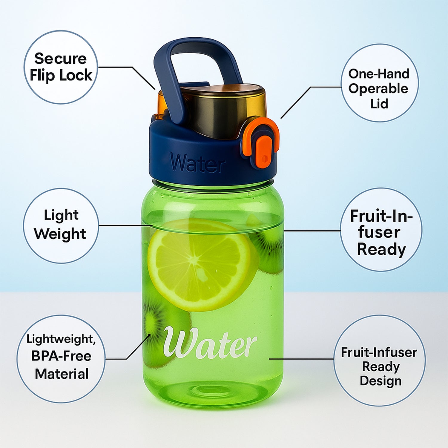 Green Leak-proof Portable Fruit Infuser Water Bottle Approx 600ml (1 Pc) Default Title - Anthro Bazaar