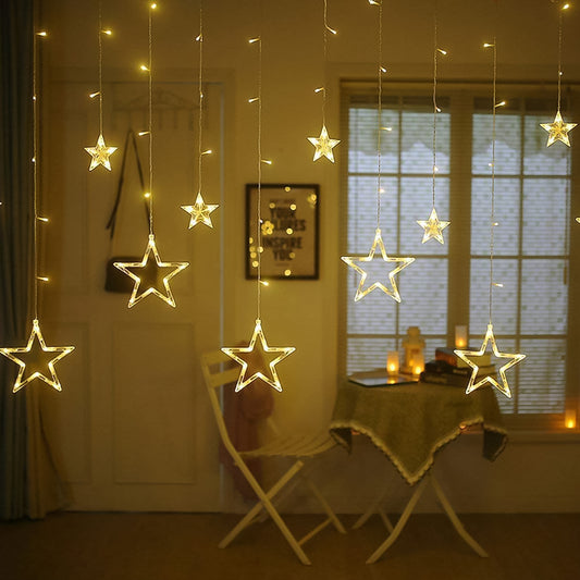 3385 12 Stars Led Curtain String Lights With 8 Flashing Modes For Home Decoration Diwali Wedding Led Christmas Light Indoor And Outdoor Light Festival Decoration (Warm White) Default Title - Anthro Bazaar
