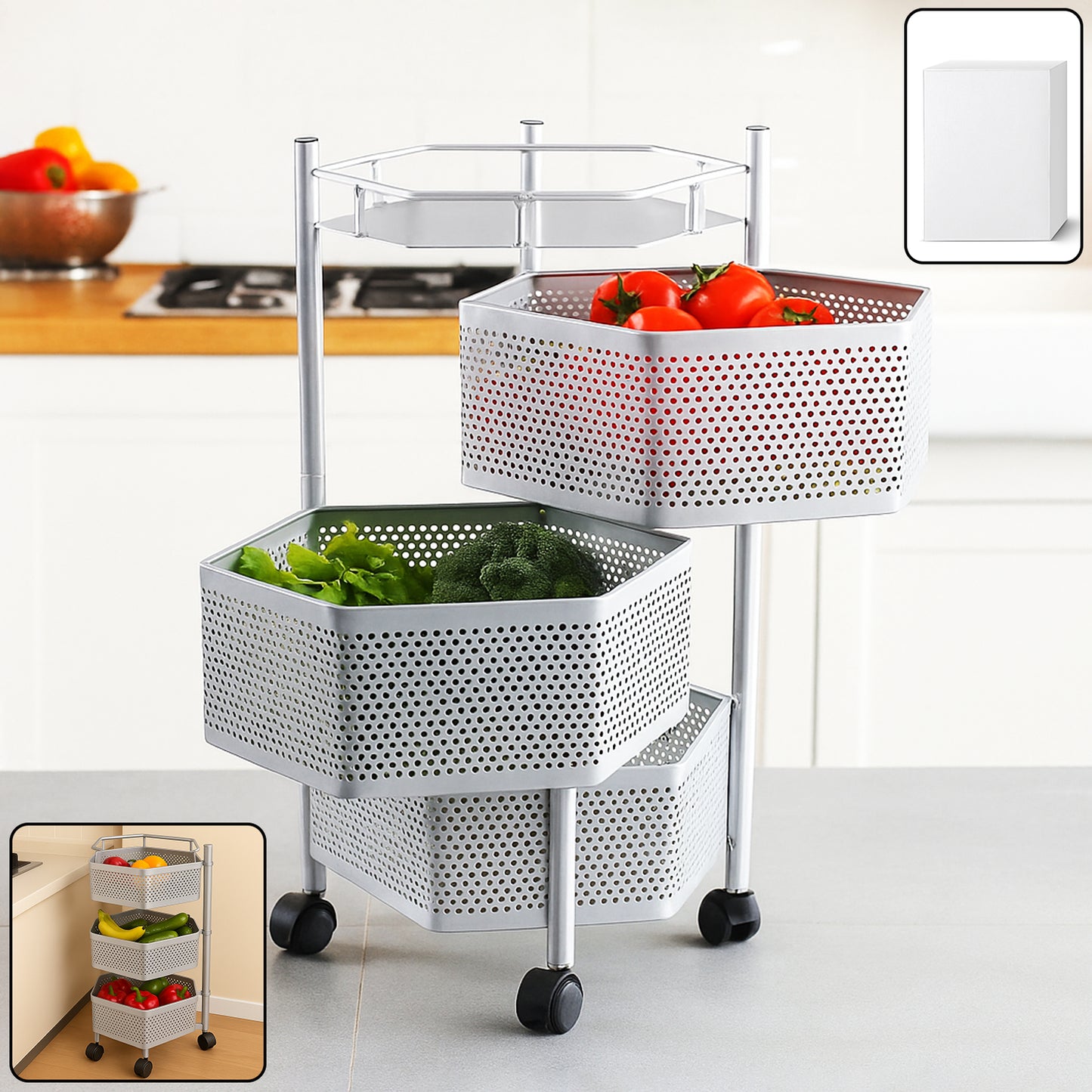 Premium 3-layer Hexagon Kitchen Storage Trolley With Wheels (1 Pc)